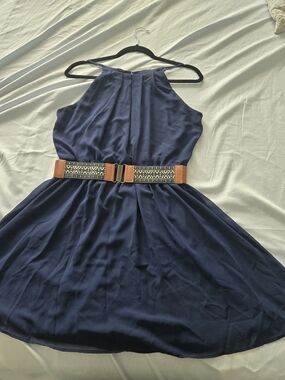 by & by Navy Halter Skater Dress with Patterned Tan Belt, Pre Owned, 14B0412
